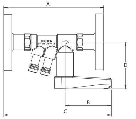 Клапан балансировочный BROEN BALLOREX Venturi FODRV H с дренажом Ду25 Ру16 фланцевый латунный, повышенной пропускной способности Kvs=12.1 м3/ч