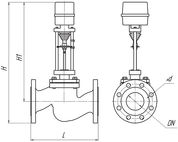 Клапан регулирующий двухходовой DN.ru 25ч945п Ду25 Ру16 Kvs6,3, серый чугун СЧ20, фланцевый, Tmax до 150°С с электроприводом DAV 1500 - 24В